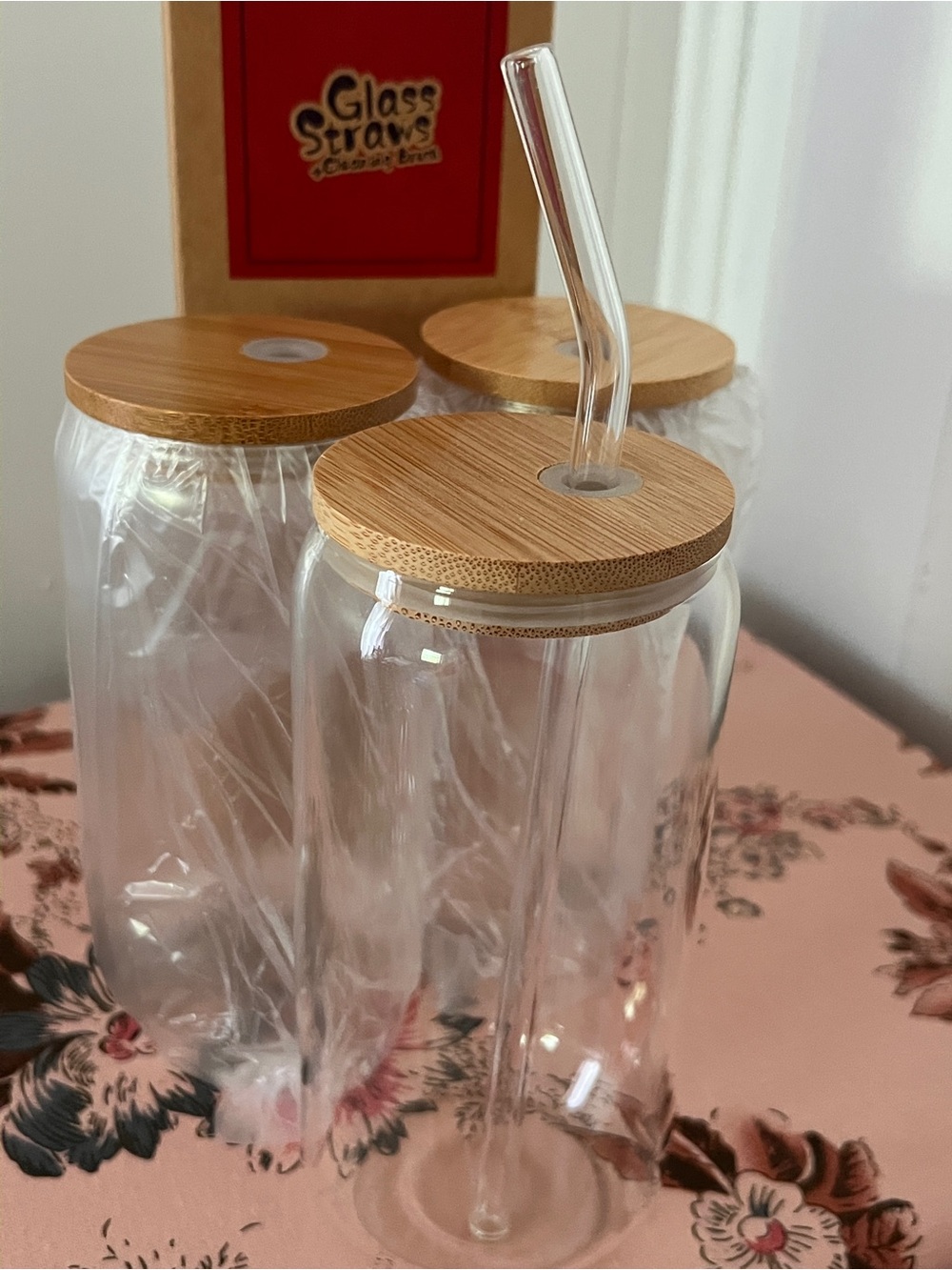 Glass Straw Bamboo Lid Drinking Jars - Clear & Natural Brand New Set of 3